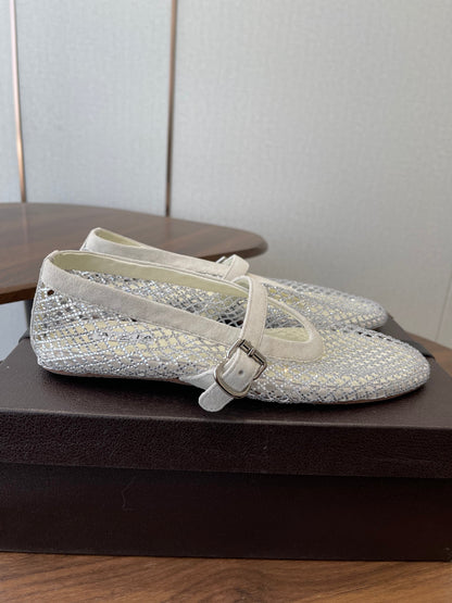 ALAIA 26S MESH FLATS IN WHITE SUEDE RHINESTONE-EMBELLISHED