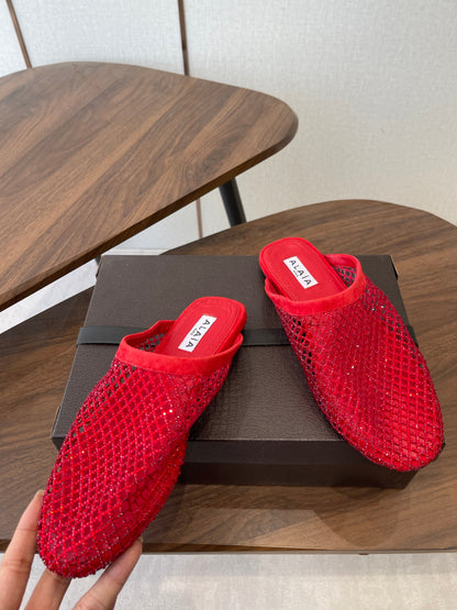 ALAIA 26S FLAT MULES IN RED SUEDE AND MESH RHINESTONE-EMBELLISHED