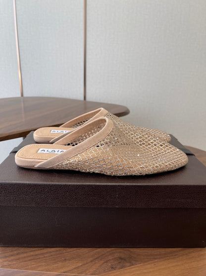 ALAIA 26S FLAT MULES IN BEIGE SUEDE AND MESH RHINESTONE-EMBELLISHED