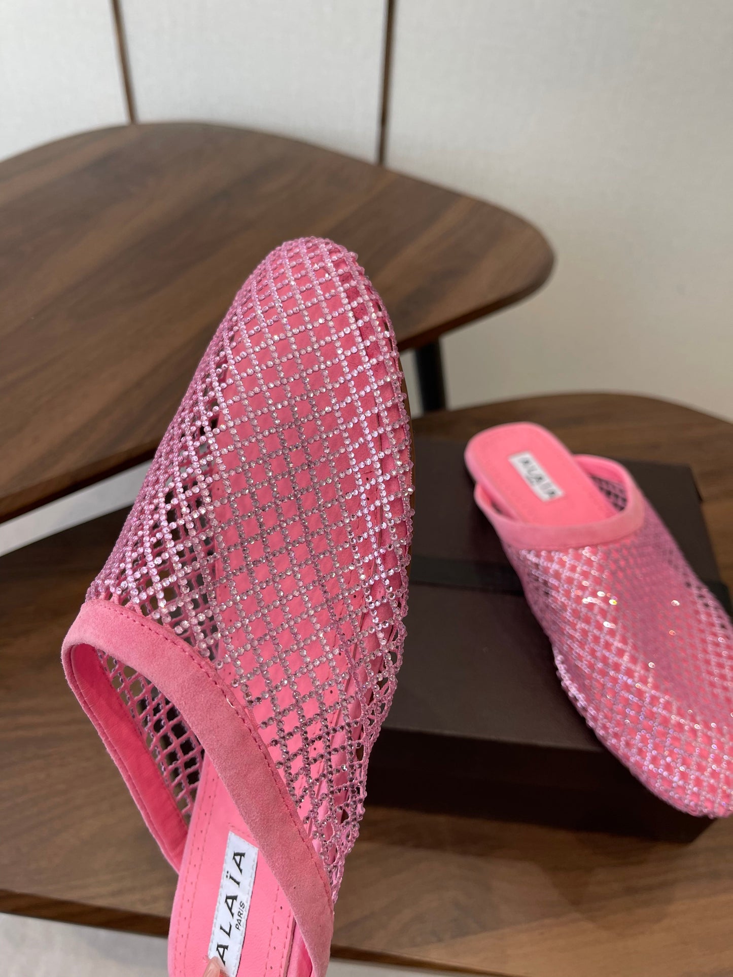 ALAIA 26S FLAT MULES IN PINK SUEDE AND MESH RHINESTONE-EMBELLISHED