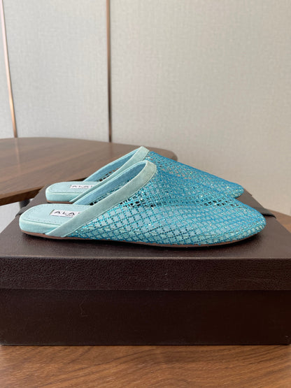 ALAIA 26S FLAT MULES IN BLUE SUEDE AND MESH RHINESTONE-EMBELLISHED