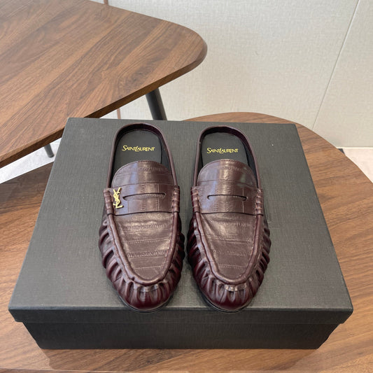 YSL 26S LOAFER MULES IN DARK RED BROWN CALFSKIN