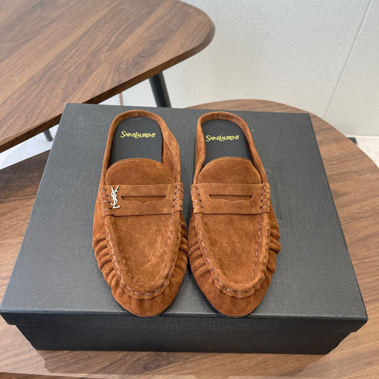YSL 26S LOAFER MULES IN BURNT ORANGE BROWN SUEDE