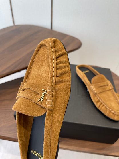 YSL 26S LOAFER MULES IN CAMEL BROWN SUEDE