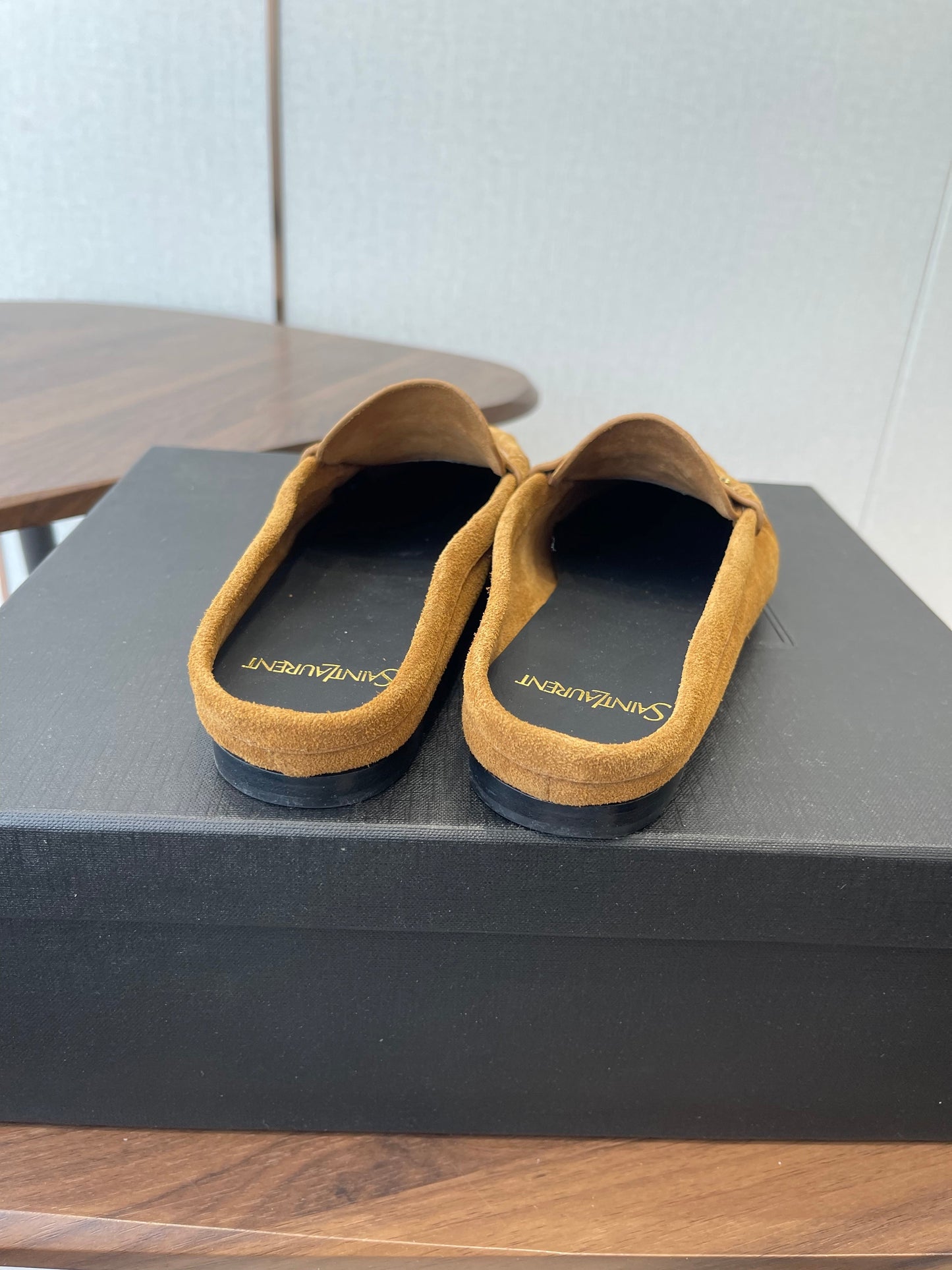YSL 26S LOAFER MULES IN CAMEL BROWN SUEDE