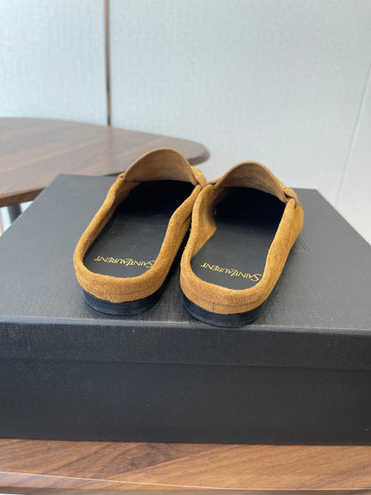 YSL 26S LOAFER MULES IN CAMEL BROWN SUEDE
