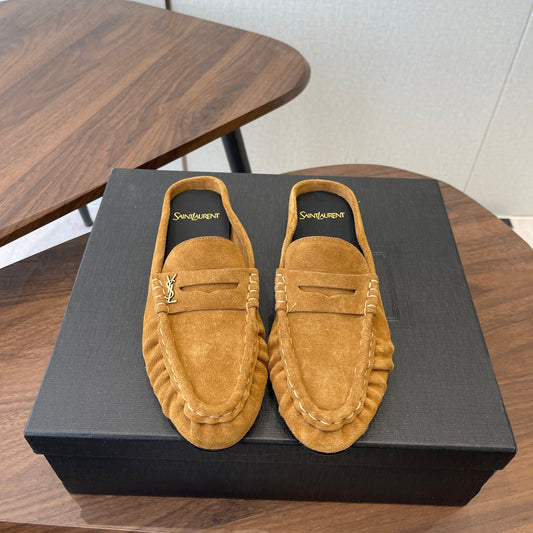 YSL 26S LOAFER MULES IN CAMEL BROWN SUEDE