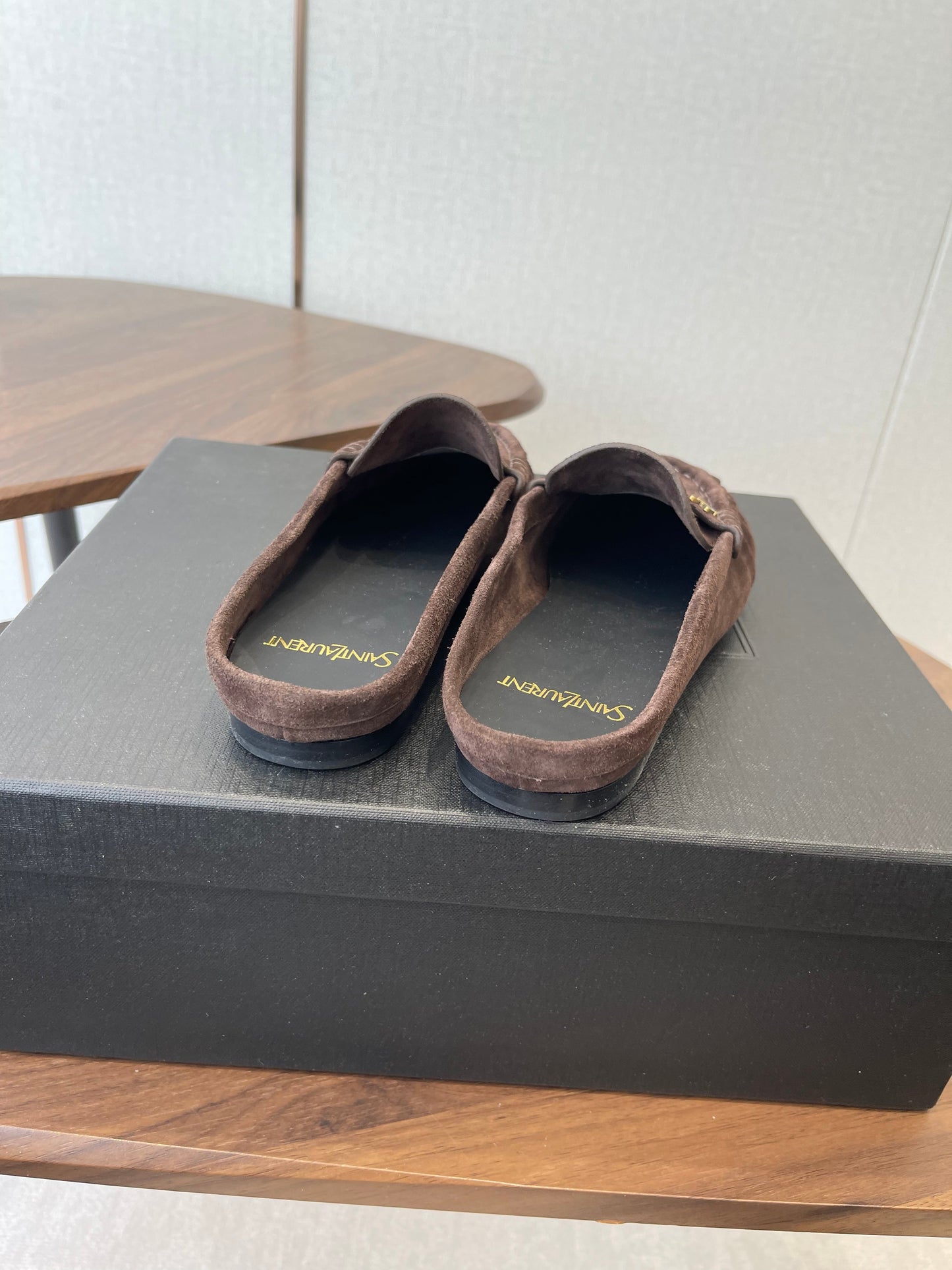 YSL 26S LOAFER MULES IN EARTH BROWN SUEDE