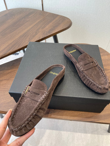 YSL 26S LOAFER MULES IN EARTH BROWN SUEDE