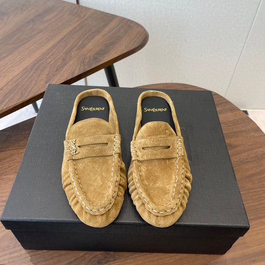 YSL 26S LOAFER MULES IN LIGHT BROWN SUEDE