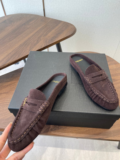 YSL 26S LOAFER MULES IN DARK PLUM BROWN SUEDE