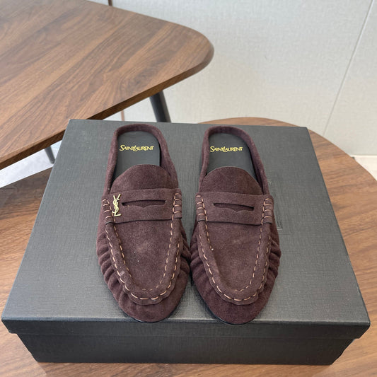 YSL 26S LOAFER MULES IN DARK PLUM BROWN SUEDE