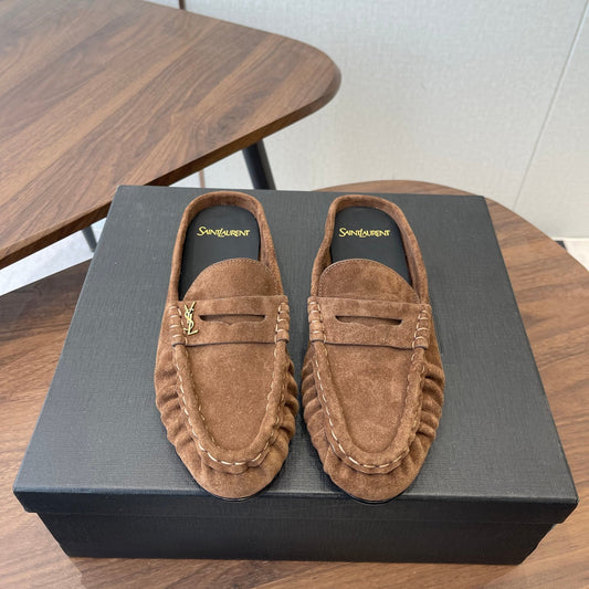 YSL 26S LOAFER MULES IN BROWN SUEDE