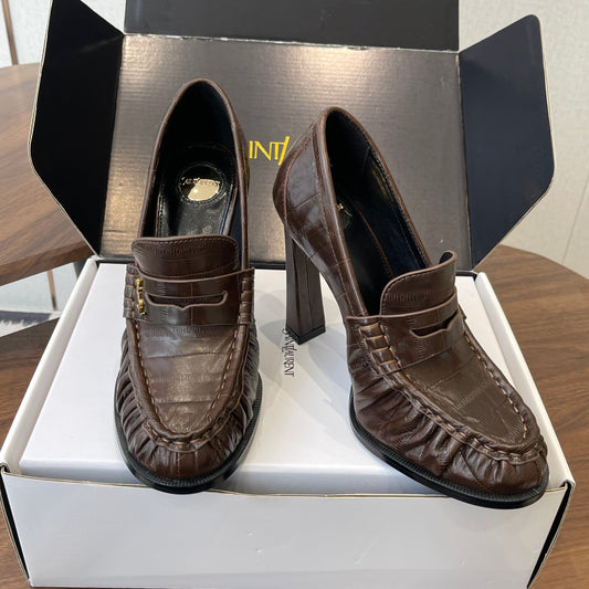 YSL 26S HEELED LOAFERS 100 MM IN DARK BROWN CALFSKIN