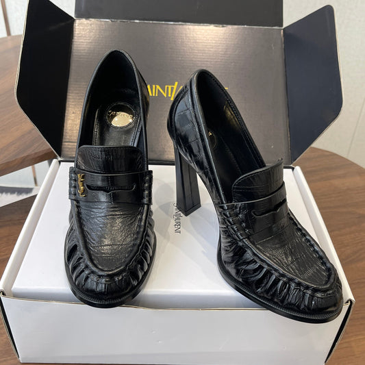 YSL 26S HEELED LOAFERS 100 MM IN BLACK SHINY CALFSKIN