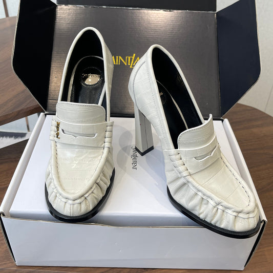 YSL 26S HEELED LOAFERS 100 MM IN WHITE CALFSKIN