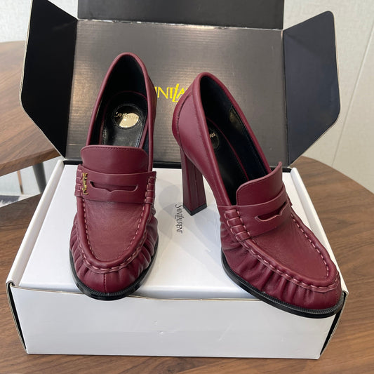 YSL 26S HEELED LOAFERS 100 MM IN DARK RED CALFSKIN