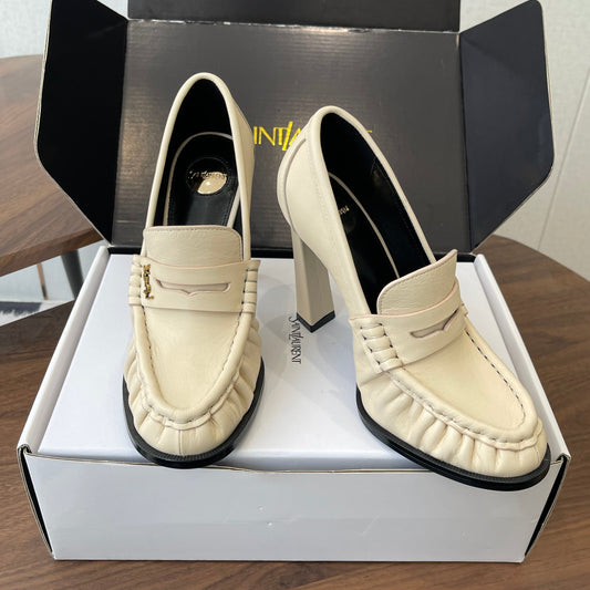 YSL 26S HEELED LOAFERS 100 MM IN SOFT OFF-WHITE CALFSKIN