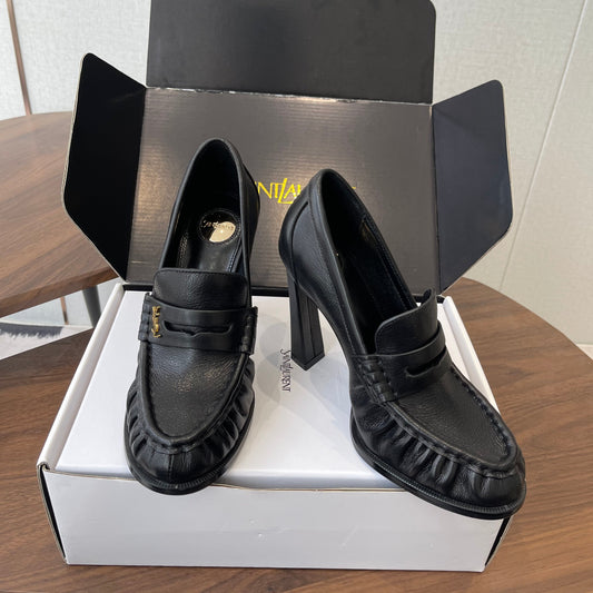 YSL 26S HEELED LOAFERS 100 MM IN BLACK CALFSKIN