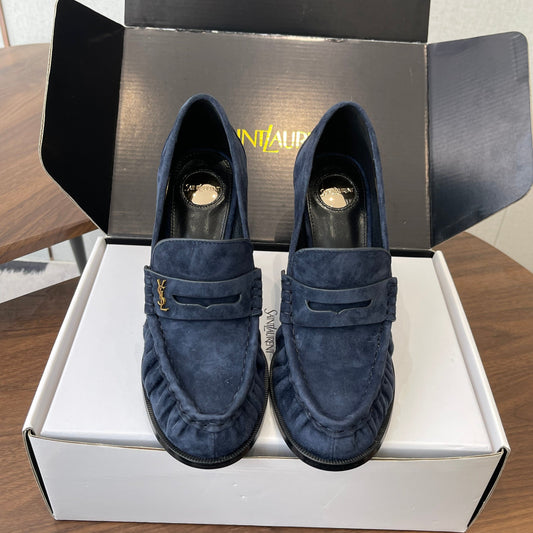 YSL 26S HEELED LOAFERS 100 MM IN DARK STEEL BLUE SUEDE