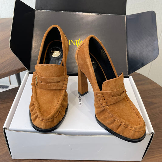 YSL 26S HEELED LOAFERS 100 MM IN BROWN SUEDE