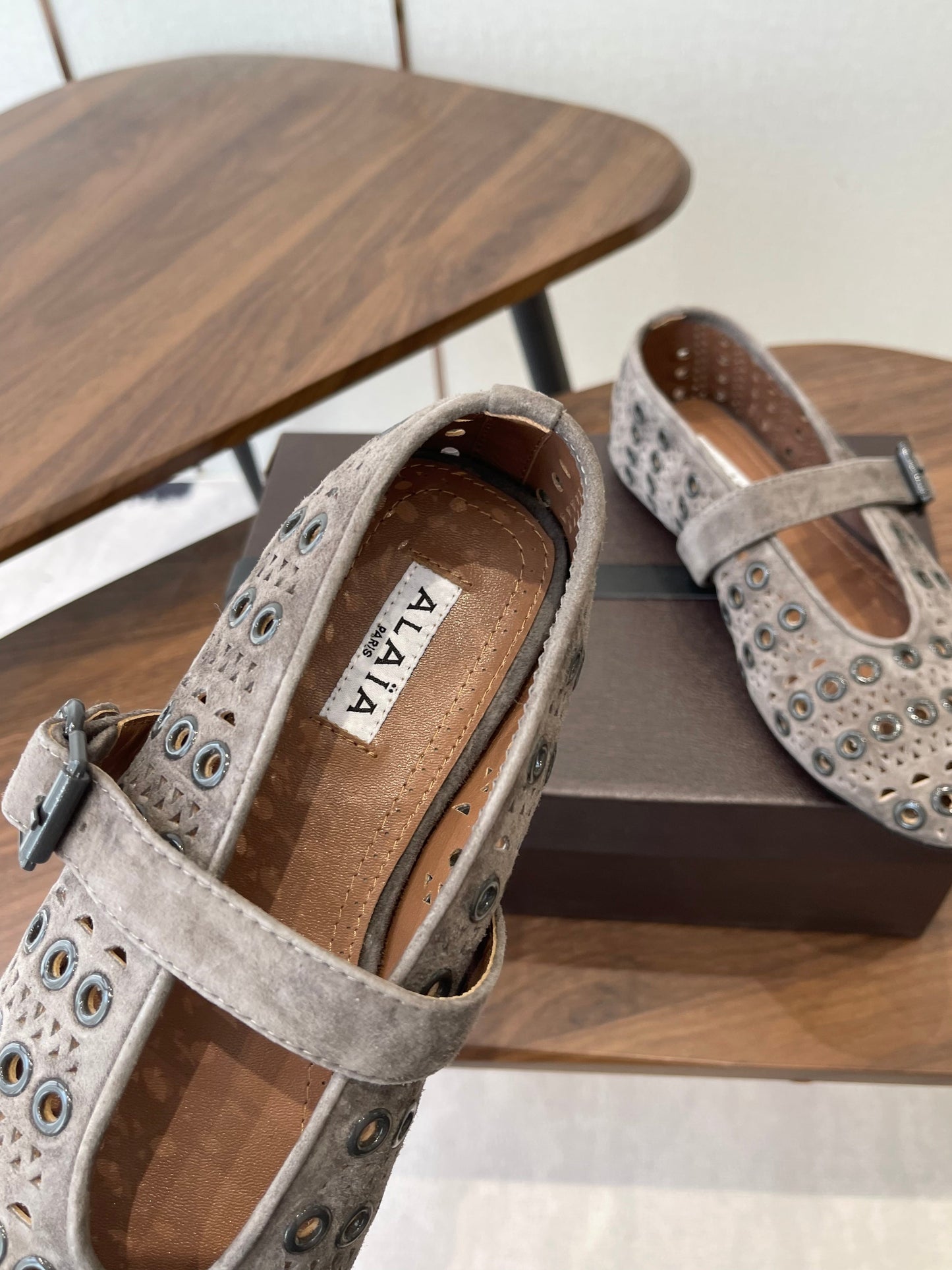 ALAIA 26S MARY JANE FLATS IN GREIGE BROWN SUEDE