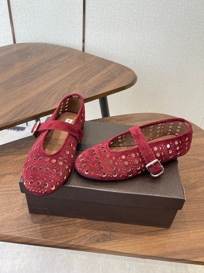 ALAIA 26S MARY JANE FLATS IN DARK RED SUEDE