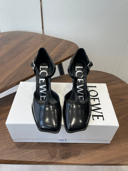 LOEWE 26S ONDA 90MM T-STRAP HIGH-HEEL SHOES IN BLACK GLOSSY CALFSKIN