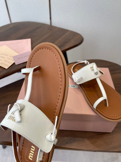 MIUMIU 26S FLIP FLOPS IN WHITE AND TAN BROWN CALFSKIN