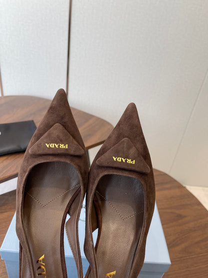 PRADA 26S SLINGBACK PUMPS 75MM IN DARK BROWN SUEDE WITH LOGO