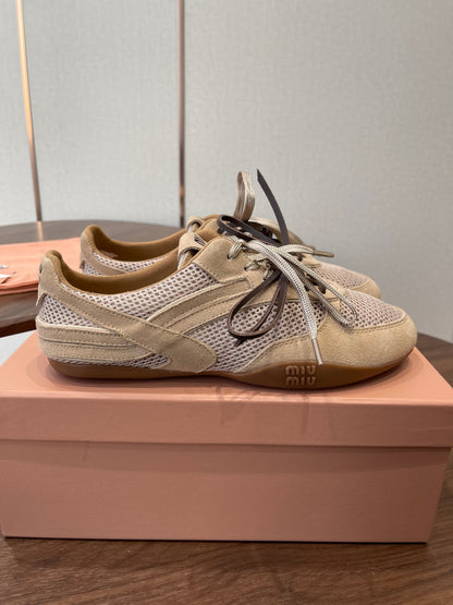 MIUMIU 26S SNEAKERS IN BROWN MESH AND SUEDE
