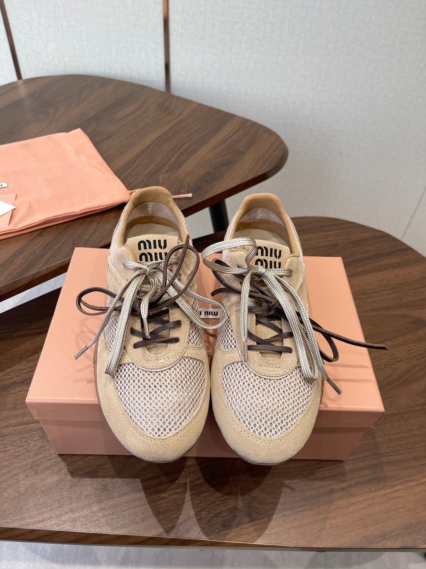 MIUMIU 26S SNEAKERS IN BROWN MESH AND SUEDE