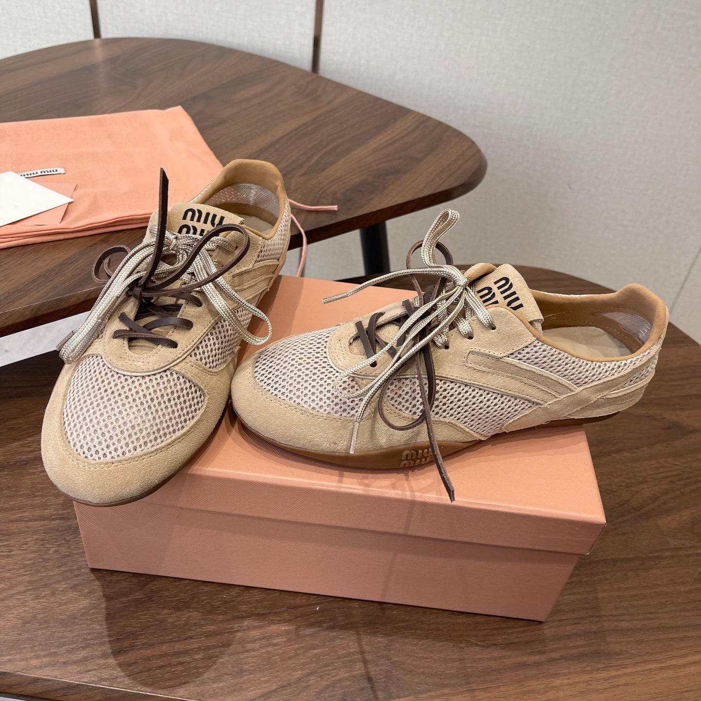 MIUMIU 26S SNEAKERS IN BROWN MESH AND SUEDE