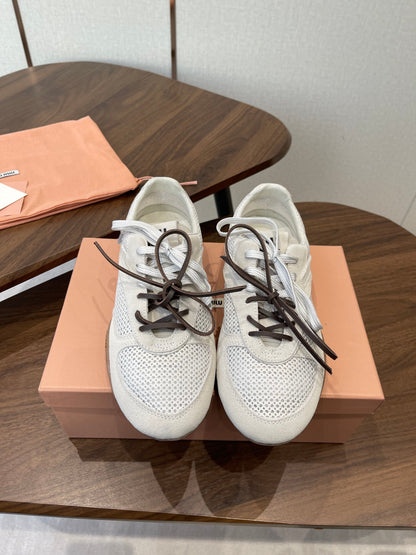 MIUMIU 26S SNEAKERS IN WHITE MESH AND SUEDE