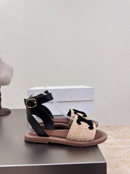 CELINE 25S TRIOMPHE SANDALS BEIGE RAFFIA BLACK WOOL