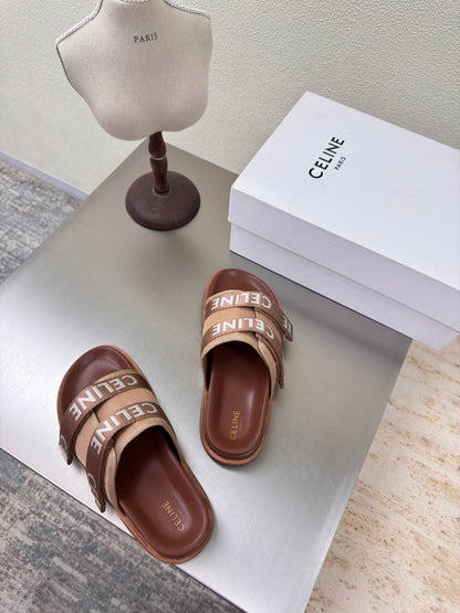 CELINE 25S FLAT SANDALS ARC DE TRIOMPHE IN BROWN CALFSKIN AND CANVAS