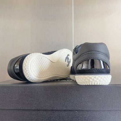 CHANEL 25S SNEAKERS WITH PATENT TOE 20MM IN BLACK CALFSKIN