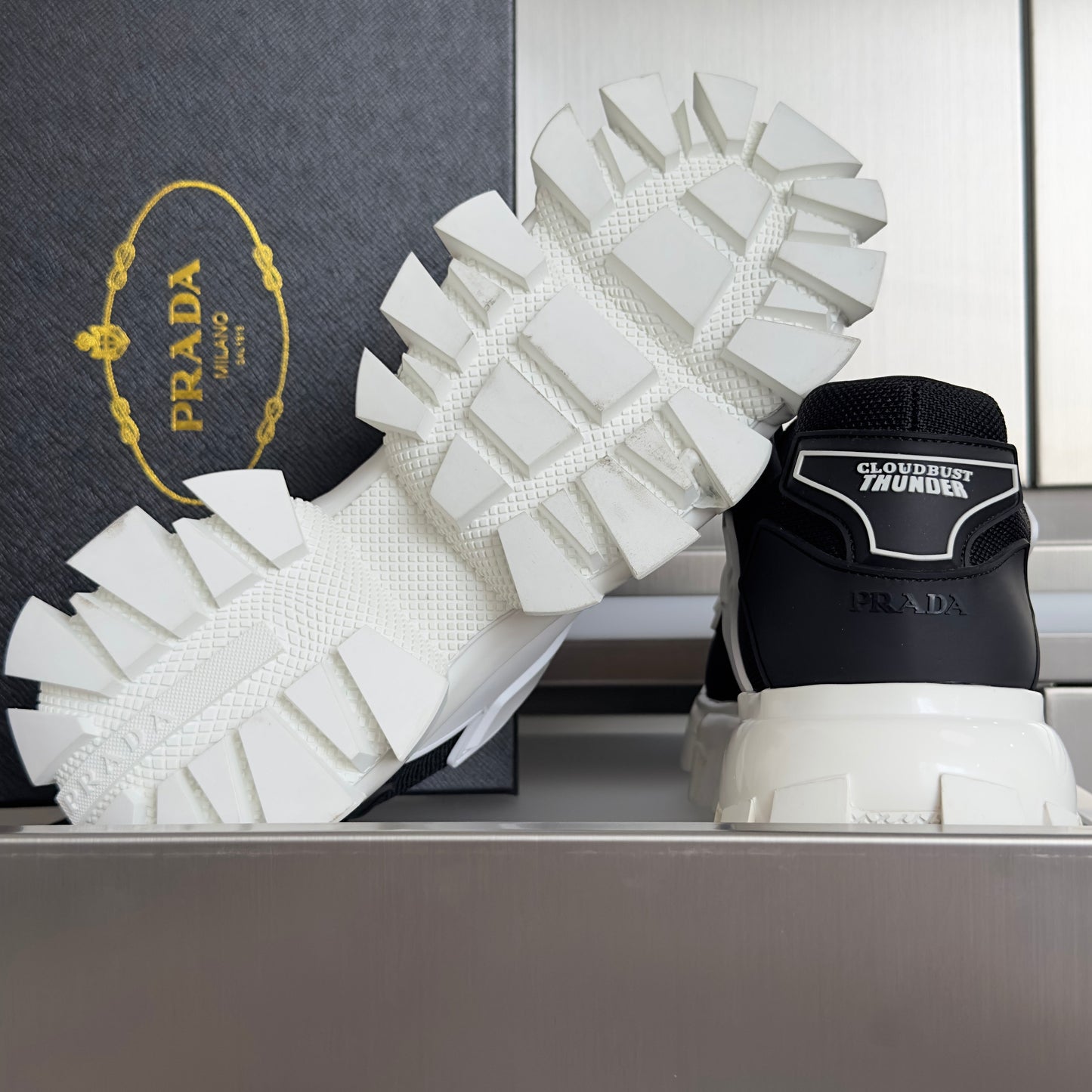 PRADA 26S CLOUDBUST THUNDER SNEAKERS 60MM IN WHITE AND BLACK MESH FABRIC AND TPU
