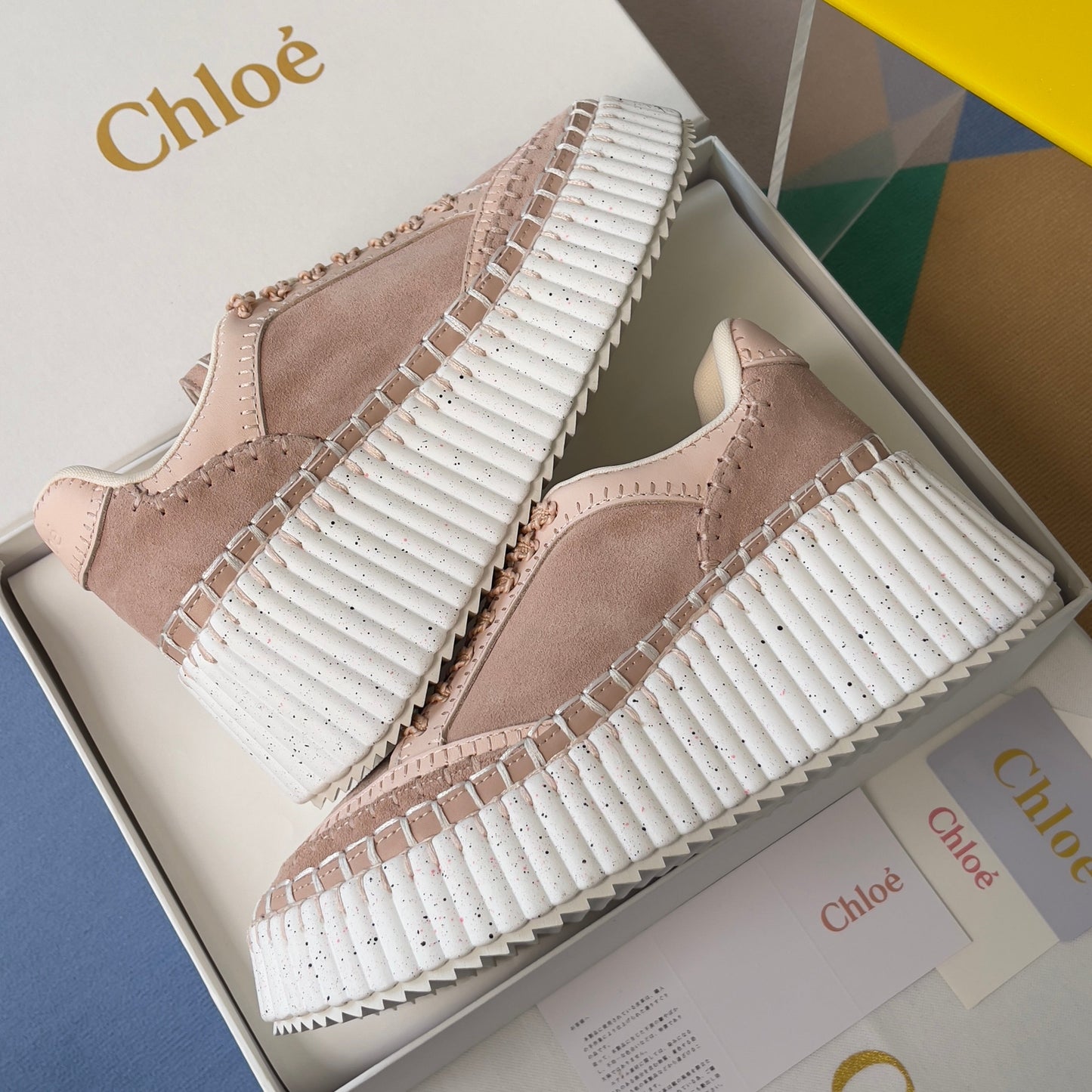 CHLOÉ 26S WEDGE SNEAKERS 70 MM IN PINK BEIGE SUEDE
