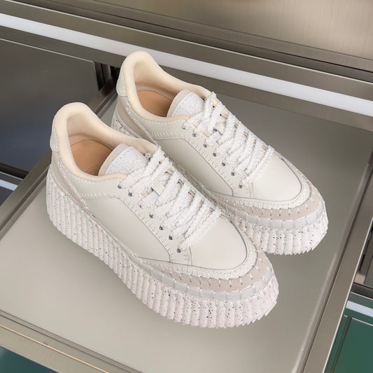 CHLOÉ 26S WEDGE SNEAKERS 70 MM IN WHITE CALFSKIN