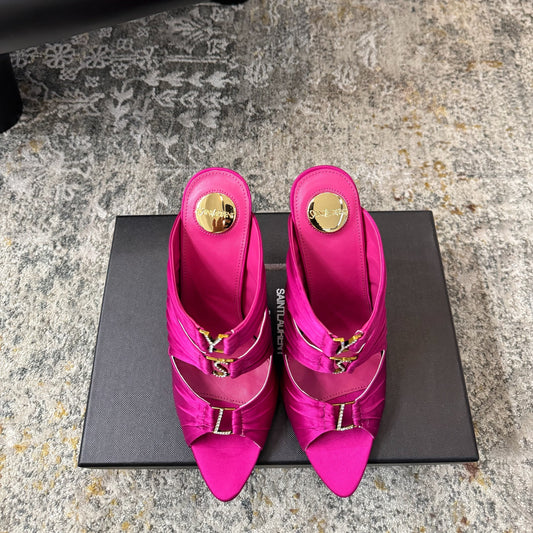 YSL 26S HEELED SANDALS 100 MM IN DARK PINK FABRIC