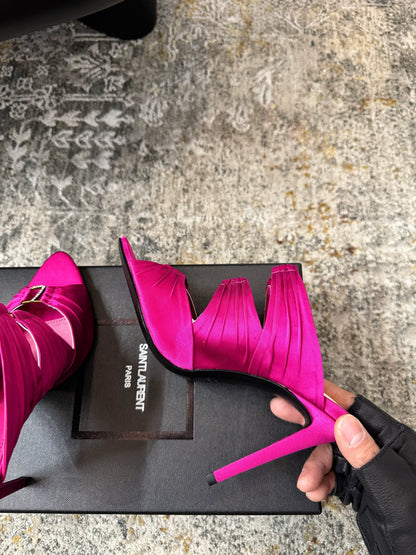 YSL 26S HEELED SANDALS 100 MM IN DARK PINK FABRIC
