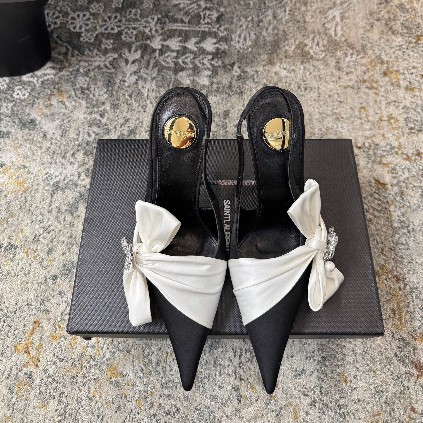 YSL 26S HEELED SLINGBACKS 100 MM IN BLACK AND WHITE SILK