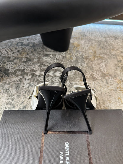 YSL 26S HEELED SLINGBACKS 100 MM IN BLACK AND WHITE SILK