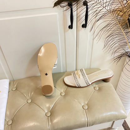 DWAY HEELED SLIDE IN WHITE CALFSKIN WITH GOLD LOGO