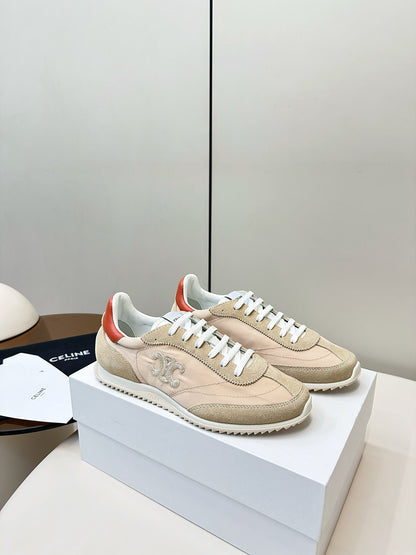 CELINE 25S RACER LOW TOP SNEAKER IN BEIGE AND LIGHT GRAY NYLON AND SUEDE