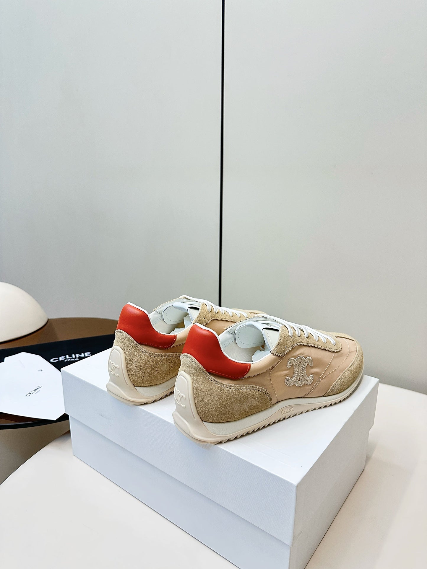 CELINE 25S RACER LOW TOP SNEAKER IN BEIGE AND LIGHT GRAY NYLON AND SUEDE