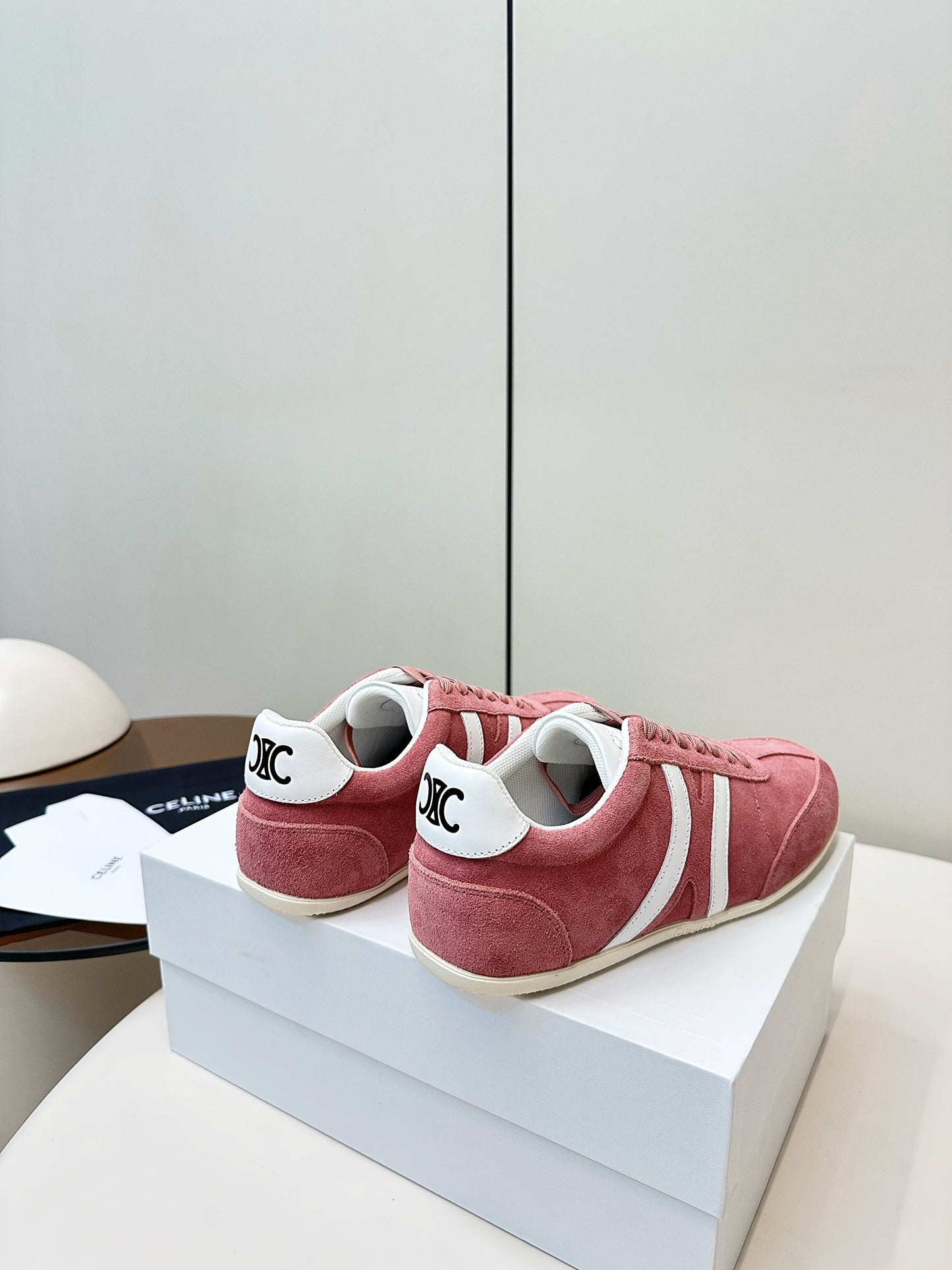 CELINE 25S JOGGER LOW LACE UP SNEAKER WITH TRIOMPHE IN BABY PINK SUEDE