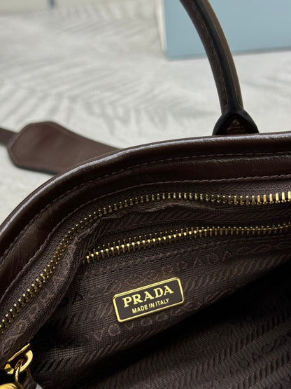 PRADA 25S BONNIE MINI HANDBAG 23 IN DARK BROWN CALFSKIN GOLD HARDWRE