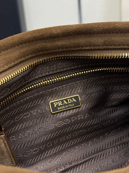 PRADA 25S BONNIE SMALL SHOULDER BAG 26 IN BROWN SUEDE GOLD HARDWRE